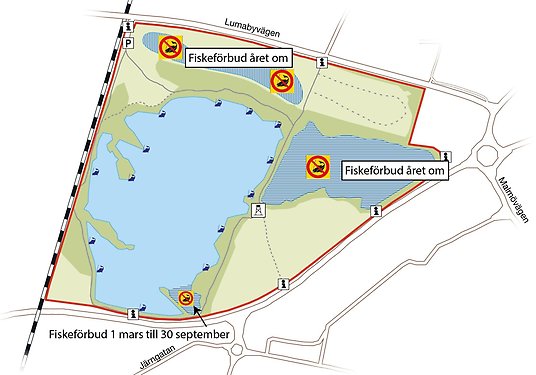 Karta över Östra dammen med anvisade platser för fiske markerade.