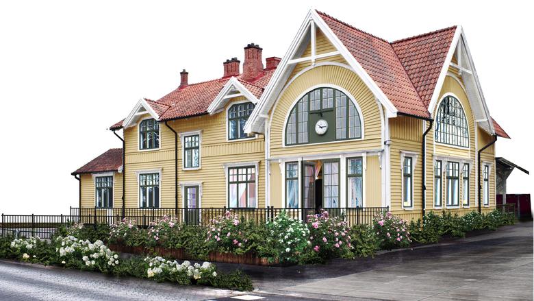 Visionsbild som visar hur stationshuset i Bjärred kan se ut efter renovering. 