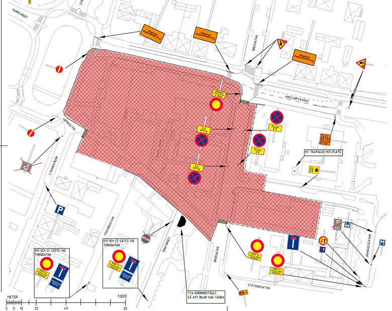 Det röda området visar byggarbetsplatsens omfattning. 