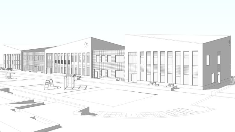 Den nya skolgården och skolbyggnaden i 3d stilisering