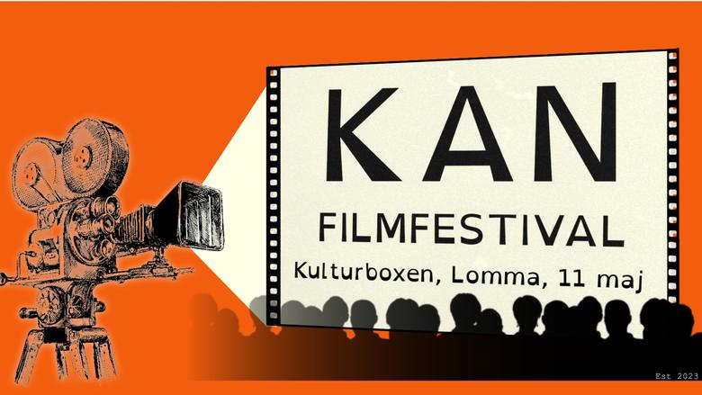 Illustration med orange bakgrund och en filmkamera som projiceras texten KAN Filmfestival på en filmduk.