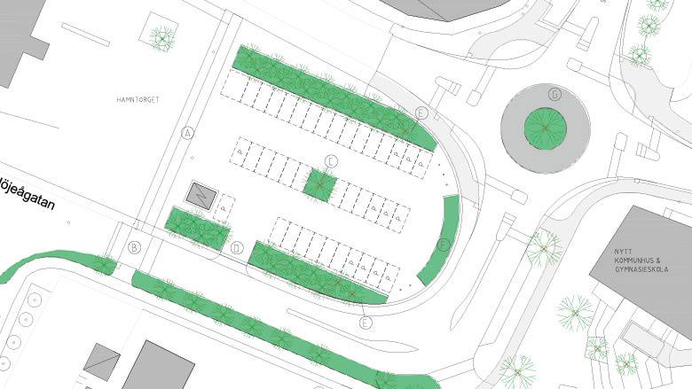 Gestaltningsförslag för hur Ovalen och Hamntorgets parkering kommer att se ut.