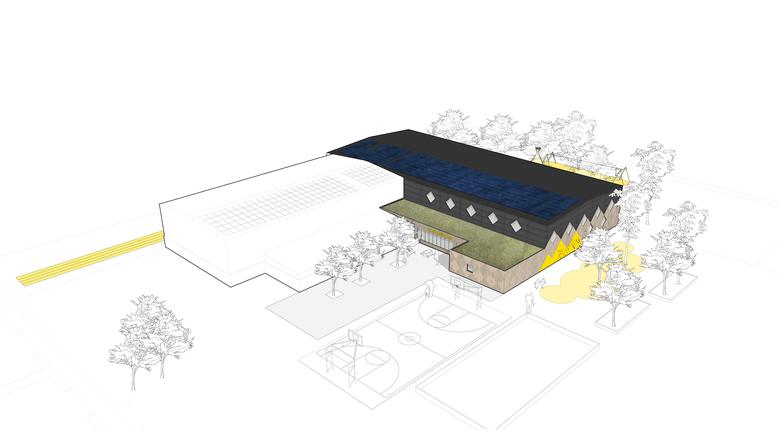 Illustrationsbild för hur den nya hallen vid Rutsborg kommer att se ut. Den vänstra delen är befintlig och den högre delen är kommande tillbyggnation.