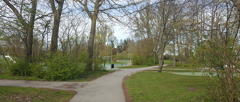 Bjärehovsparken, bakom träd och gångbanor skymtar en lekplats.