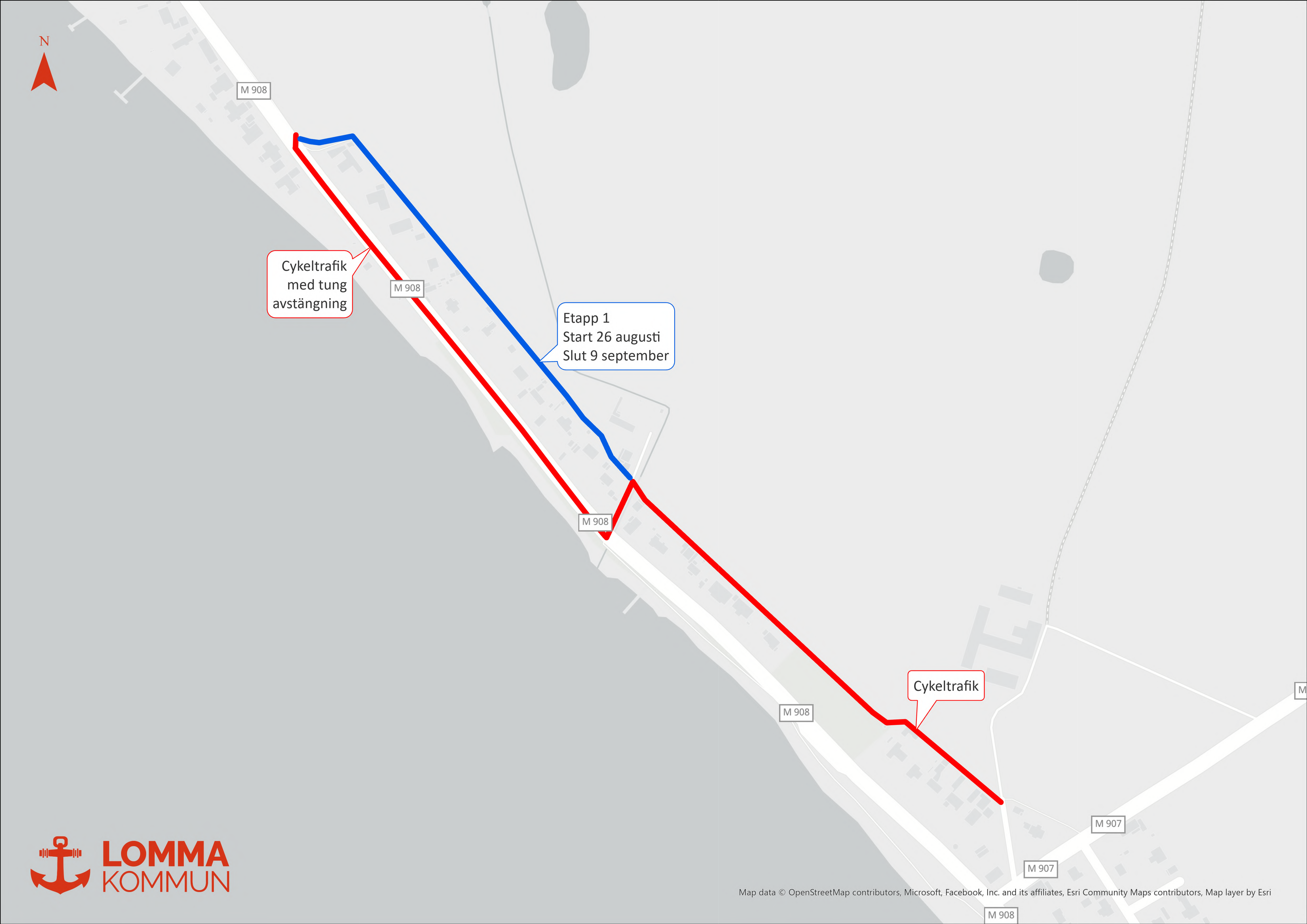Karta över Södra Västkustvägen i Habo Ljung som visar tillfällig omledning av cykeltrafik under etapp 1 av upprustningen av en cykelväg. En blå linje markerar befintlig cykelväg och en röd linje markerar omledning av cykeltrafiken. Text som berättar att etappen pågår från 26 augusti till 9 september.