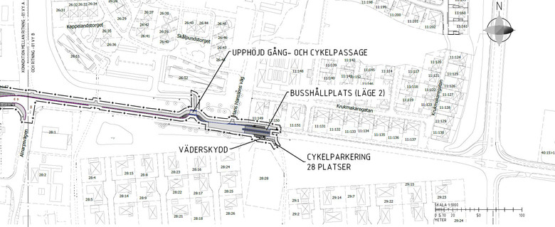 Vinstorpsvägen, cykelparkering och busshållplats