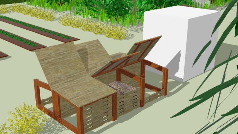 3D-visualisering av digitala trädgården som visar en kompost