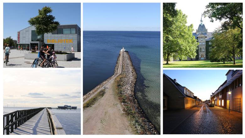Vykort med bilder från Lomma bibliotek, Långa bryggan i Bjärred, Piren i Lomma, Alnarps slott och Strandvägen.