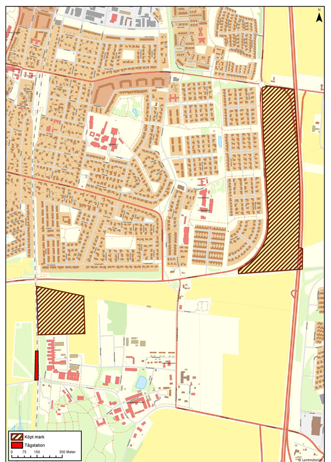 Karta över Alnarp. Den nya tågstationen är markerad i rött och de skrafferade områdena är marken som Lomma kommun köper. 