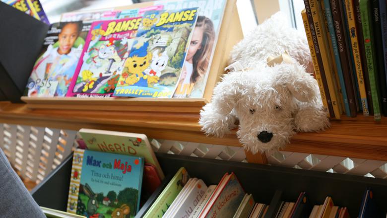 Ett gosedjur i form av en vit hund i tyg ligger på en bokhylla full med böcker och tittar nedåt. Intill gosedjuret syns två Bamsetidningar. 