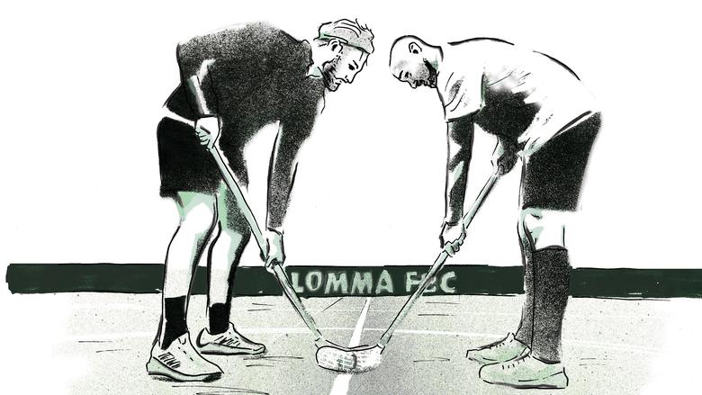 Illustration där två män står lutade framåt med varsin innebandyklubba. Båda tittar ner i golvet framför sig på en boll. Bilden illustrerar den laddade stunden inför tekning i en innebandymatch.