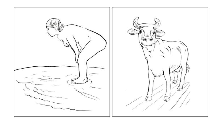 Illustration med två olika motiv. Det ena visar en staty av en kvinna som lutar sig framåt och håller sid för knäna. Den andra visar en glad ko. 