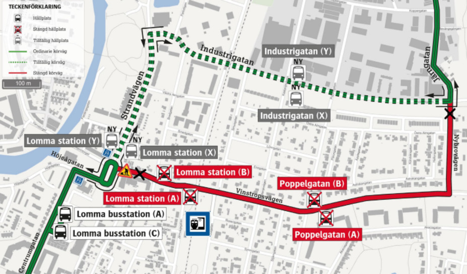 Karta över omledning av busstrafik