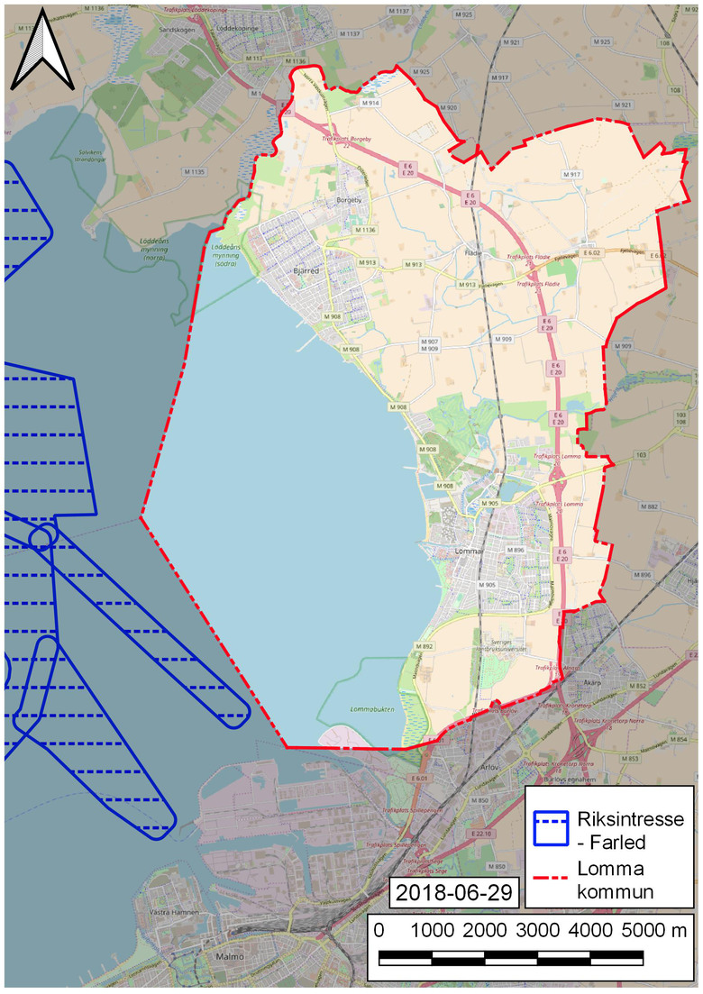 Karta över Lomma kommun och farleder i Lommabukten